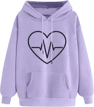 Women's Heartbeat Hoodie Oversized Pullover Drawstring Cozy Fleece Sweatshirt Casual Winter Pocket Soft Relaxed Top