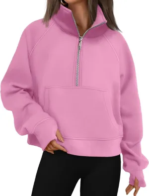Womens Hoodies Oversized Quarter Zip Pullover Cropped Fleece Sweatshirts with Pockets Fall Clothes Thumb Hole