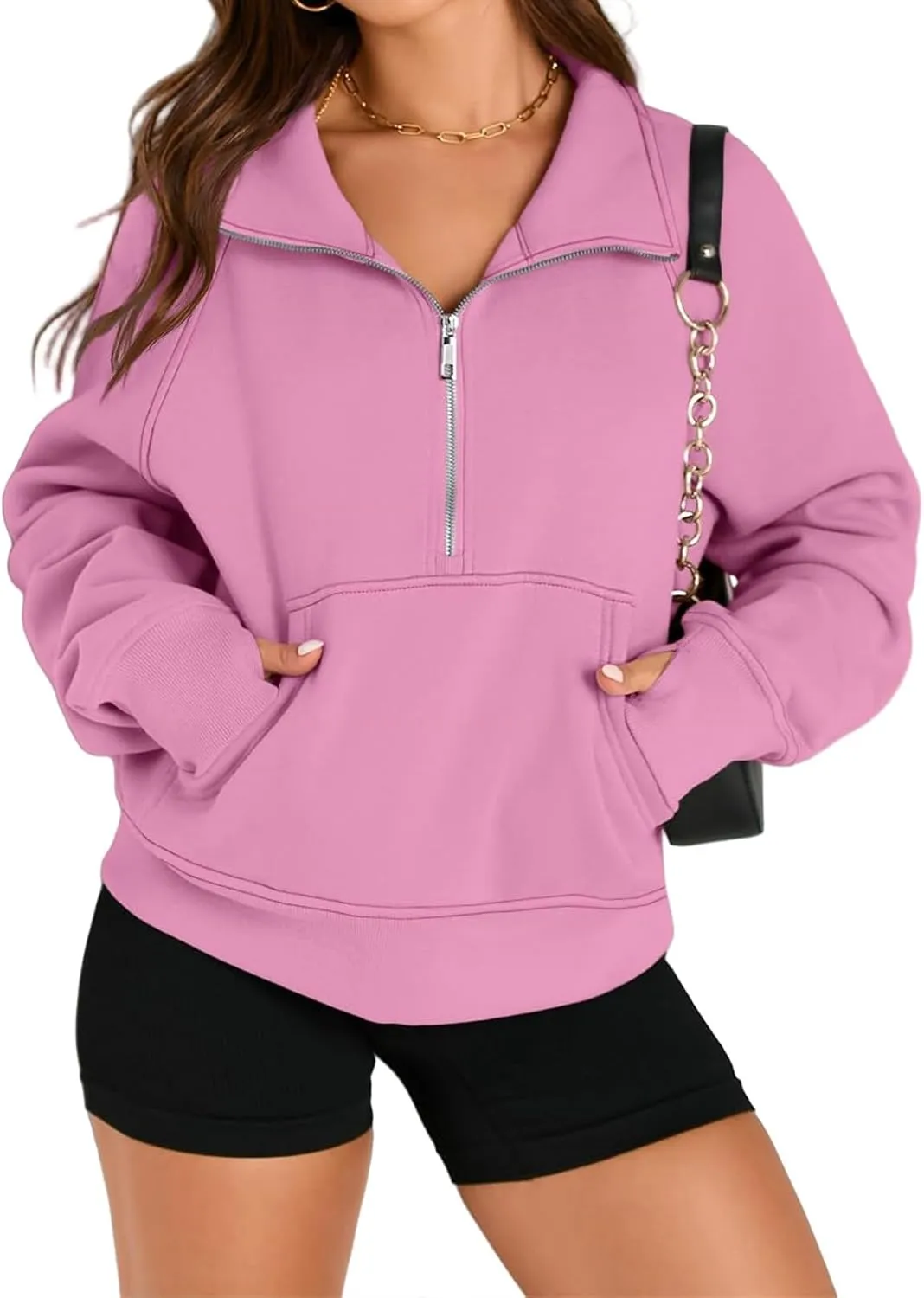 Womens Hoodies Oversized Quarter Zip Pullover Cropped Fleece Sweatshirts with Pockets Fall Clothes Thumb Hole