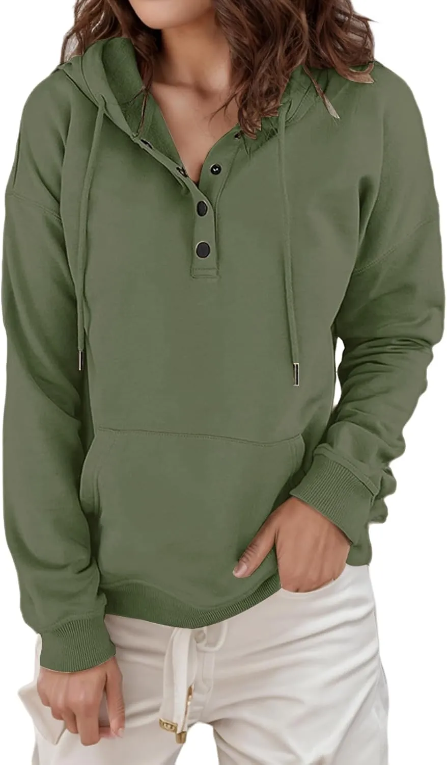 Womens Hoodies Pullover Button V Neck Sweatshirts 2024 Casual Long Sleeve Tops with Drawstring Sweatshirt