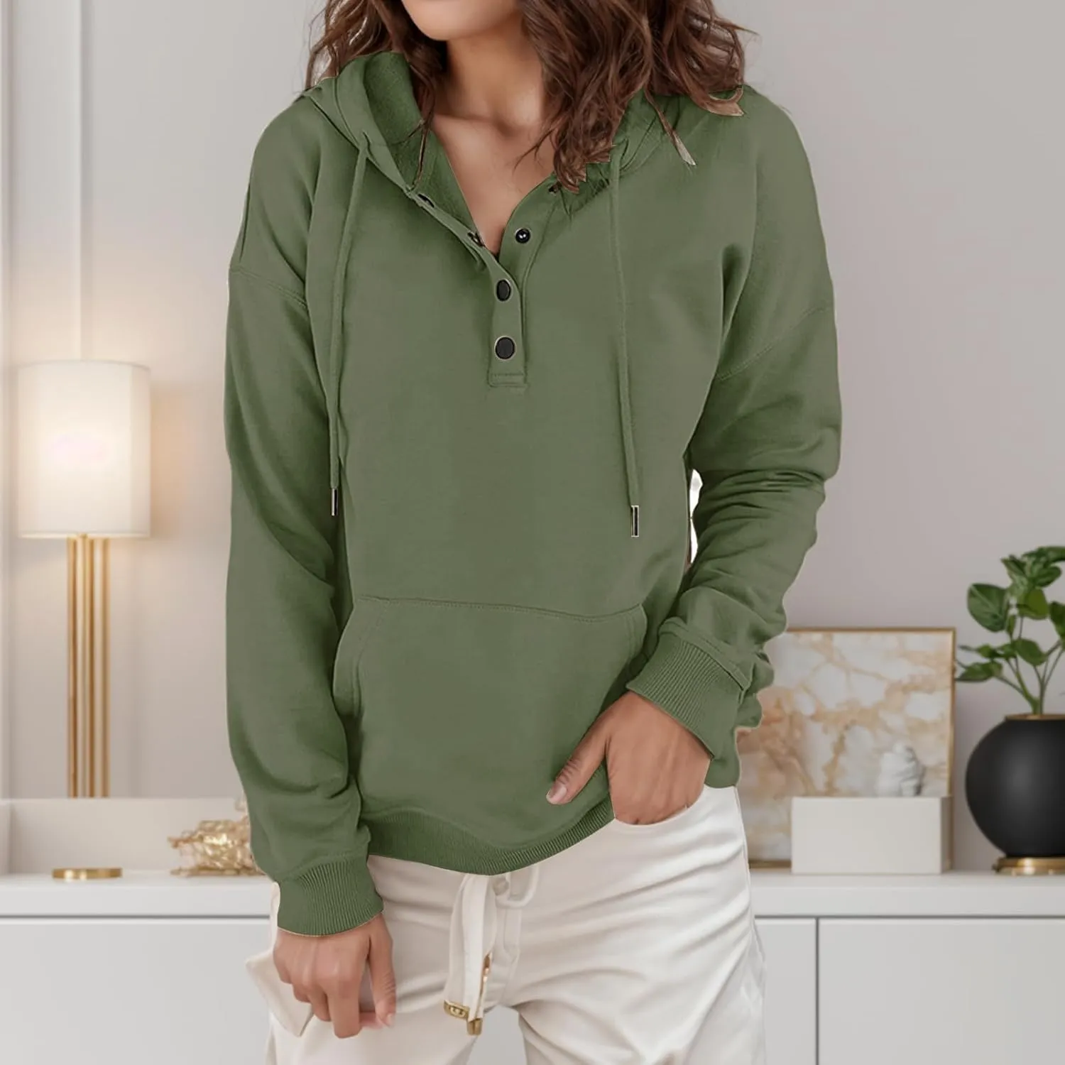 Womens Hoodies Pullover Button V Neck Sweatshirts 2024 Casual Long Sleeve Tops with Drawstring Sweatshirt