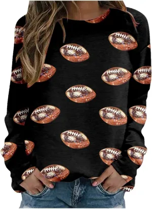 Womens Hoodless Sweatshirts Game Day Sparkle Football Sequin Rugby Print Long Sleeve Pullovers Crewneck Loose Shirt
