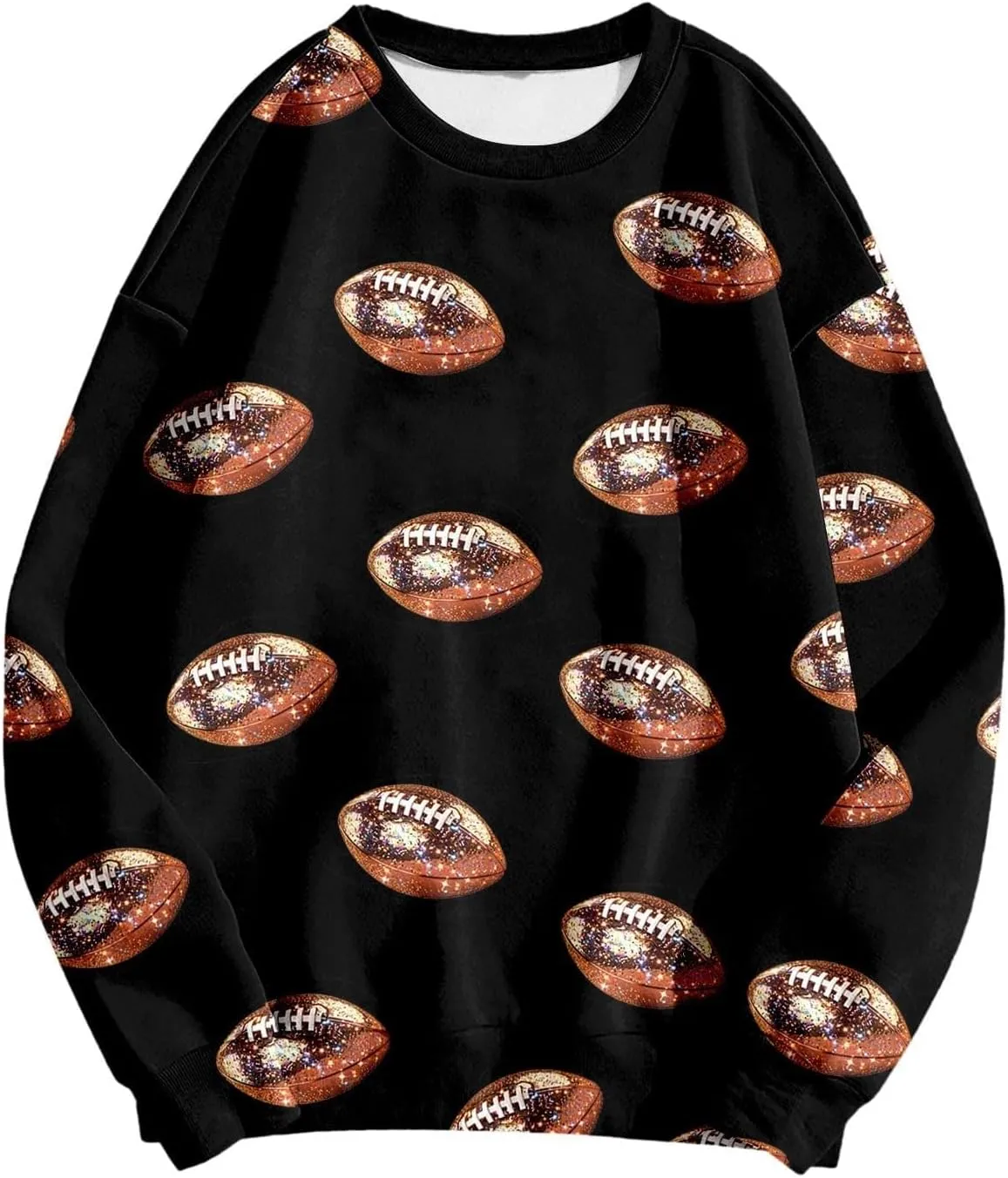 Womens Hoodless Sweatshirts Game Day Sparkle Football Sequin Rugby Print Long Sleeve Pullovers Crewneck Loose Shirt