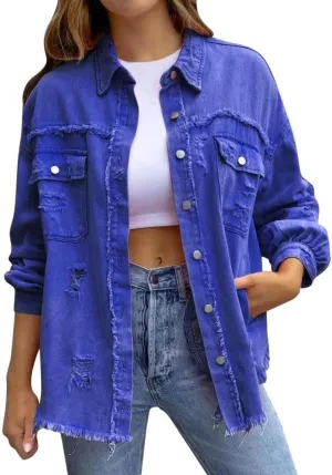 Women's Jean Jacket Oversized Boyfriend Button Up Long Sleeve Split Denim Jackets