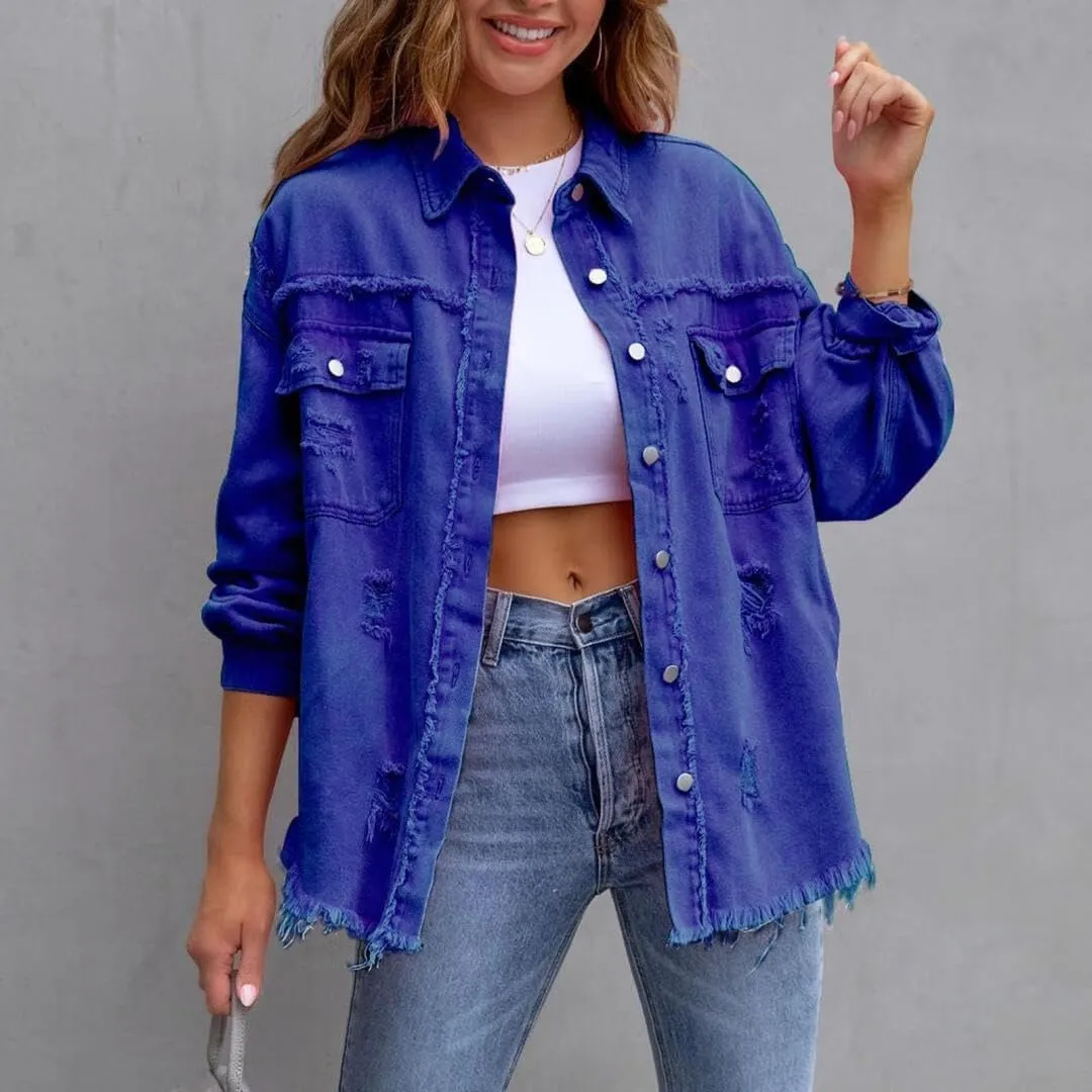 Women's Jean Jacket Oversized Boyfriend Button Up Long Sleeve Split Denim Jackets