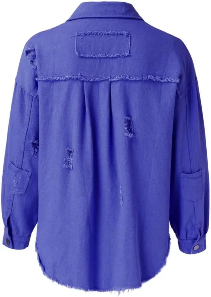 Women's Jean Jacket Oversized Boyfriend Button Up Long Sleeve Split Denim Jackets