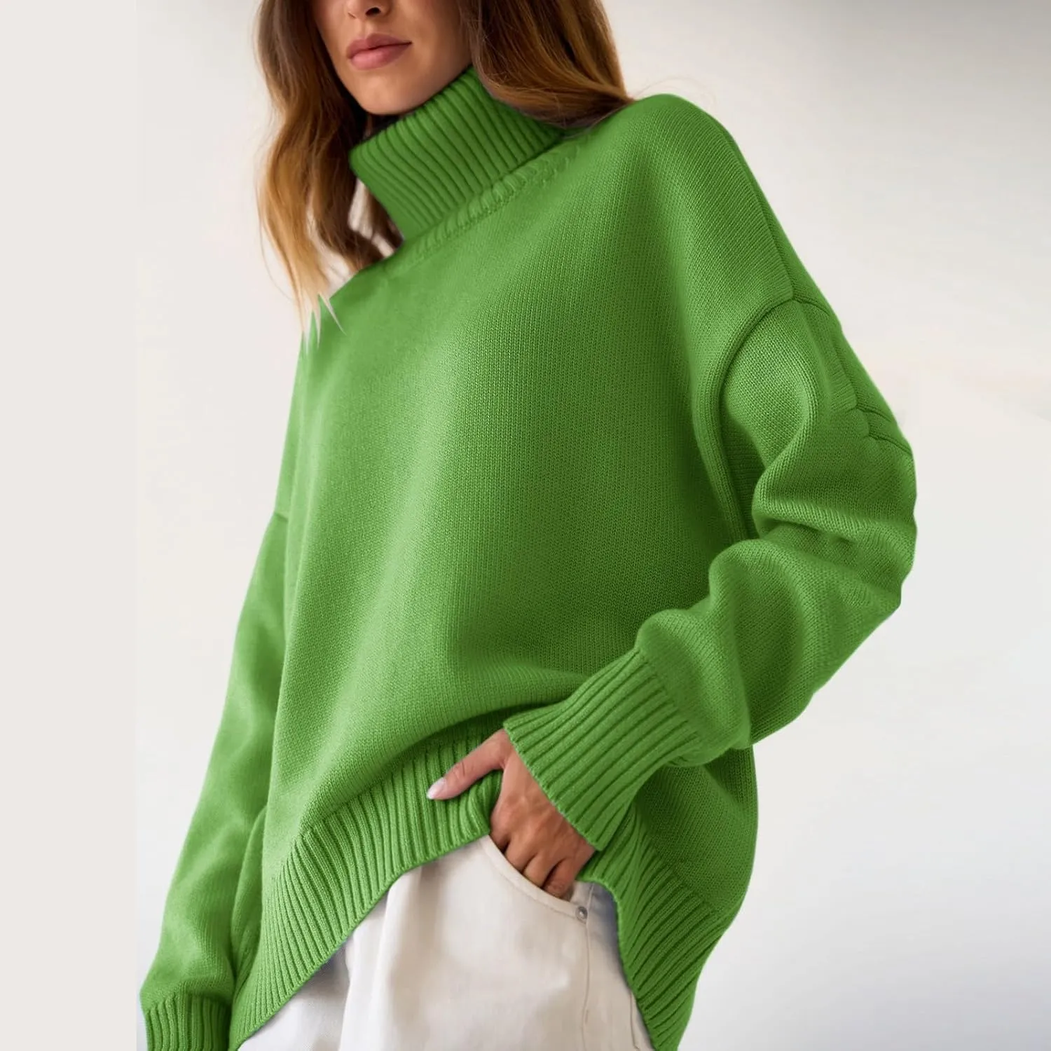 Womens Knitted Sweater 2024 Casual Long Sleeve Turtleneck Tops Oversized Winter Outfits Fashion Solid Color Pullovers