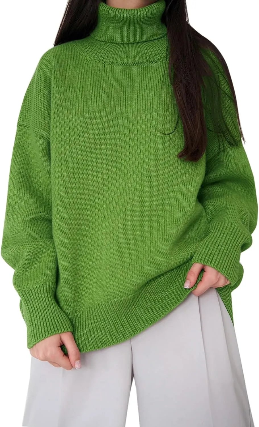 Womens Knitted Sweater 2024 Casual Long Sleeve Turtleneck Tops Oversized Winter Outfits Fashion Solid Color Pullovers