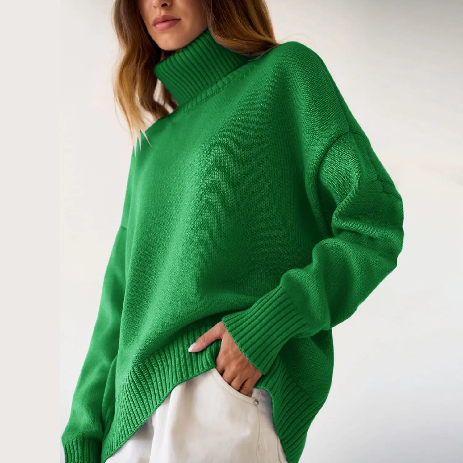 Womens Knitted Sweater 2024 Casual Long Sleeve Turtleneck Tops Oversized Winter Outfits Fashion Solid Color Pullovers