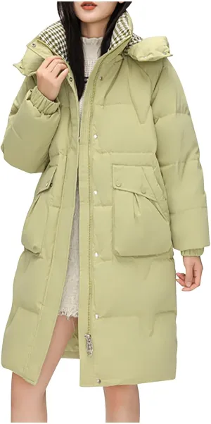 Women's Lightweight Puffer Down Jacket Thickened Winter Warm Stand Collar Long Hooded Coat Quilted Parkas with Pocket
