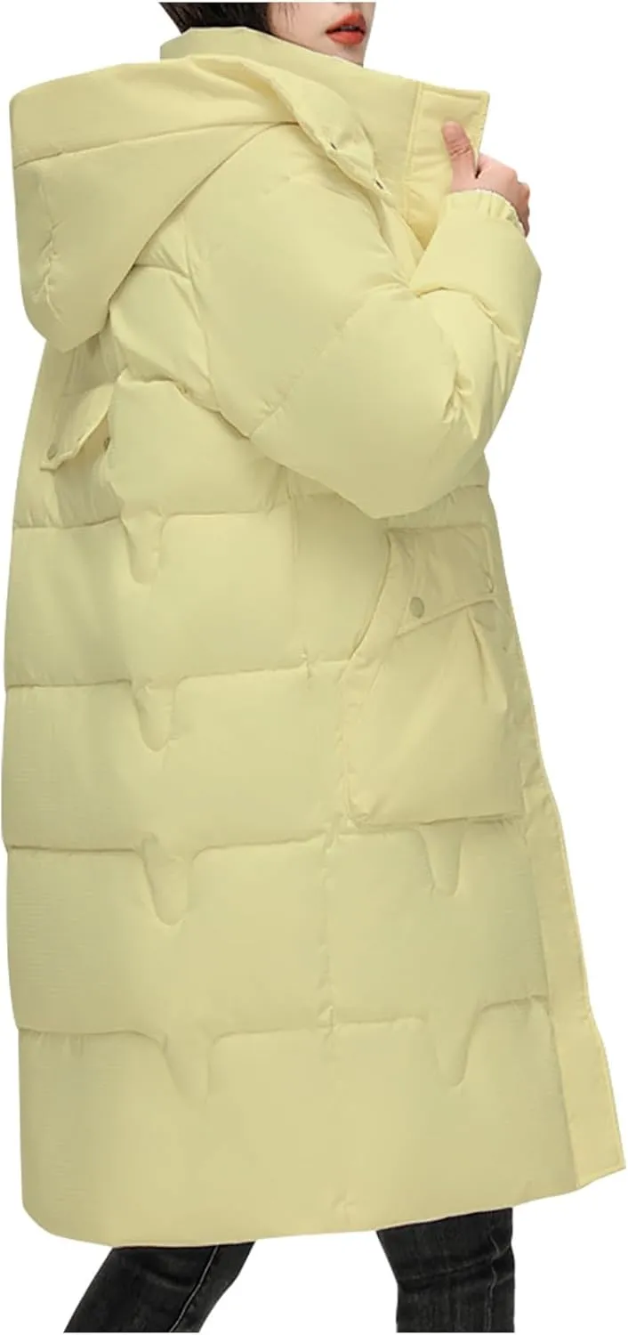 Women's Lightweight Puffer Down Jacket Thickened Winter Warm Stand Collar Long Hooded Coat Quilted Parkas with Pocket