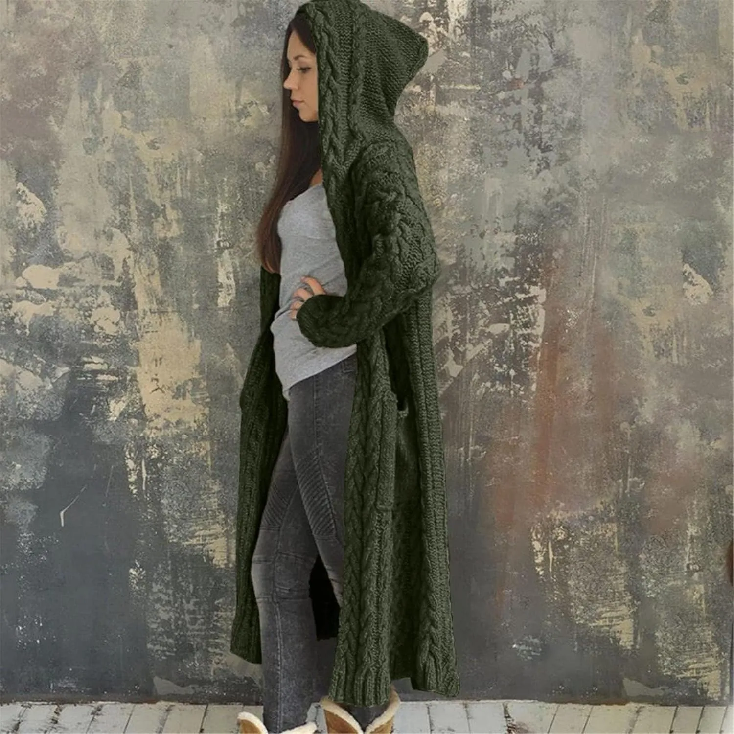Womens Long Cable Knit Cardigan Sweaters Casual Open Front Long Sleeve Sweater Coats with Pockets