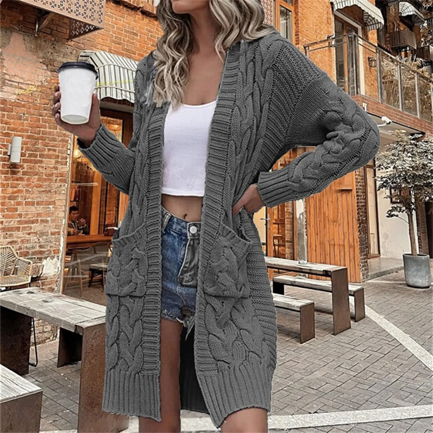 Womens Long Cardigan Coats Thin Stylish Cable Knit Maxi Sweater Open Front Coatigan Outerwear