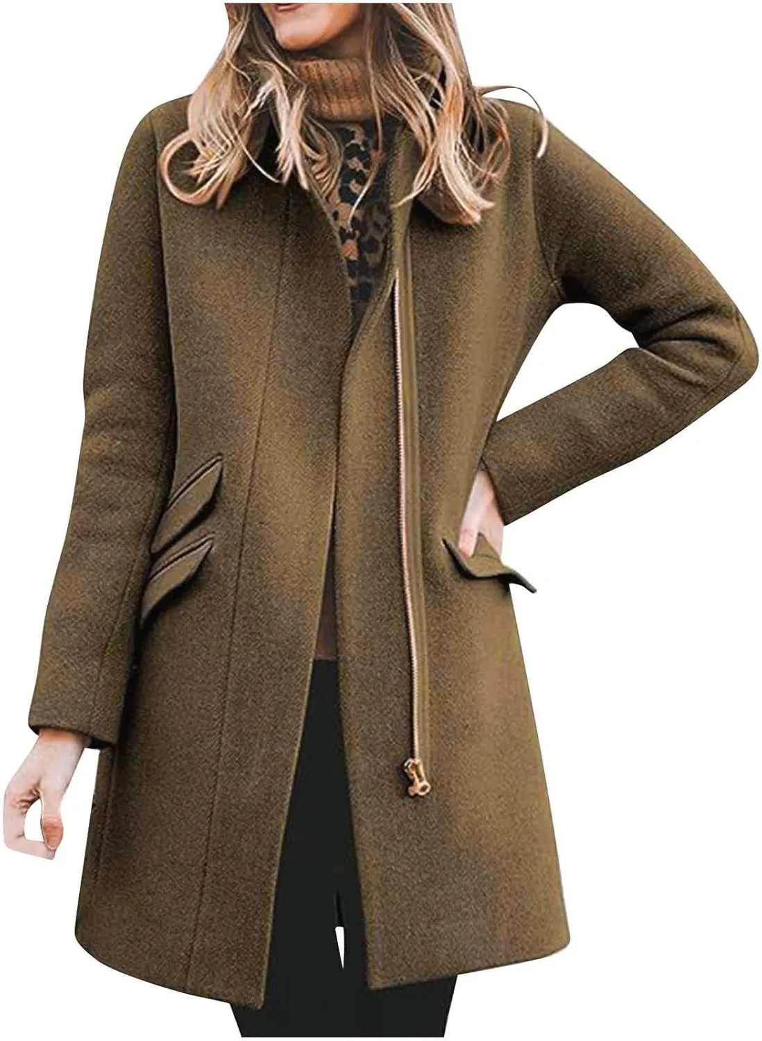 Womens Long Coat Classic Open Front Zip Up Casual Winter Wool Blend Over Pea Coats 2024 Fashion Solid Long Jackets