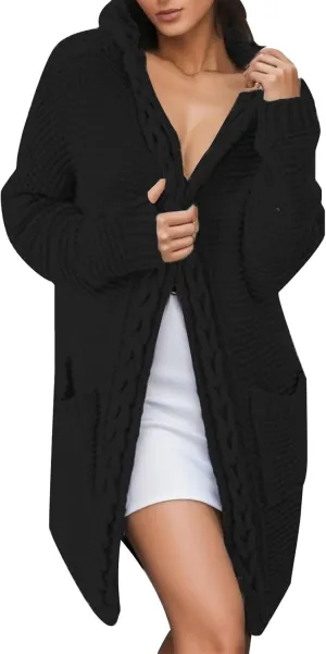 Women's Long Knitted Sweater Coat with Cable Knit Hooded Pocketed Cardigan Knit Cardigans for Women Plus (03-Black, XL)