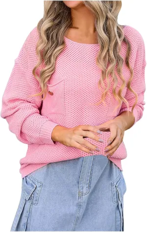 Women's Long Sleeve Crew Neck Crochet Sweaters 2024 Fall Winter Trendy Chest Pocket Sexy Knit Hollow Out Pullover
