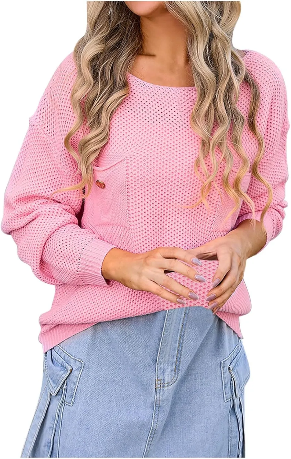 Women's Long Sleeve Crew Neck Crochet Sweaters 2024 Fall Winter Trendy Chest Pocket Sexy Knit Hollow Out Pullover