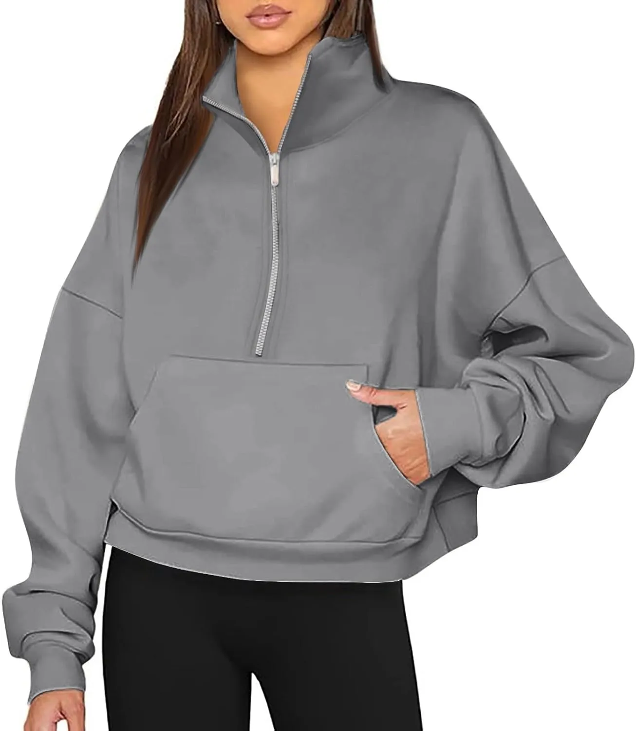 Womens Long Sleeve Half Zip Pullover Hoodies Solid Color Fall Winter Trendy Outfits With Pockets Loose Sweatshirts