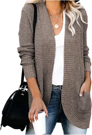 Womens Long Sleeve Open Front Sweater Cardigans Chunky Knit Draped Sweaters Cable Knit Curved Hem Fall Outwear Pockets