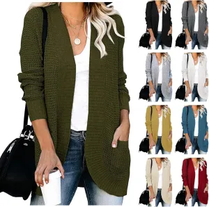 Womens Long Sleeve Open Front Sweater Cardigans Chunky Knit Draped Sweaters Cable Knit Curved Hem Fall Outwear Pockets