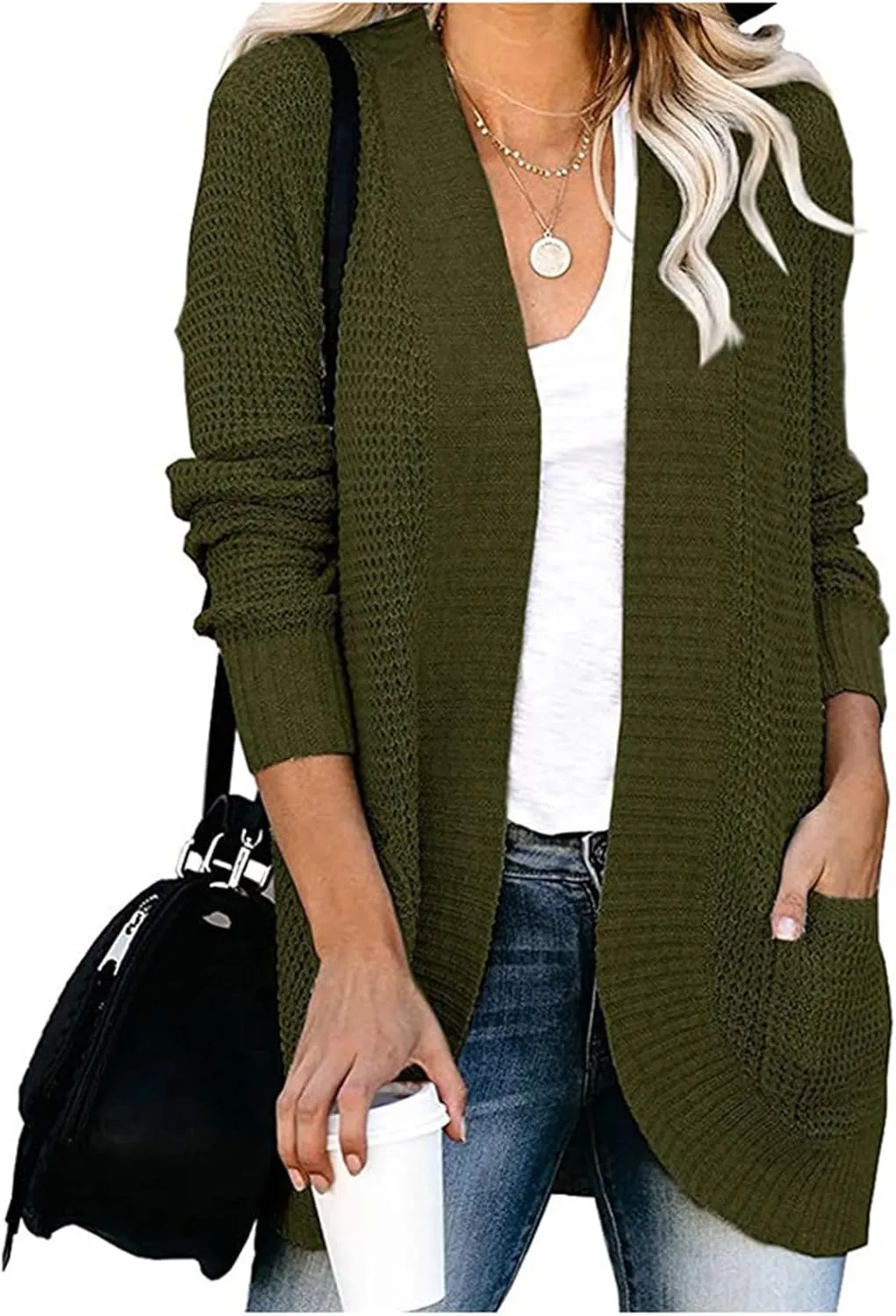 Womens Long Sleeve Open Front Sweater Cardigans Chunky Knit Draped Sweaters Cable Knit Curved Hem Fall Outwear Pockets