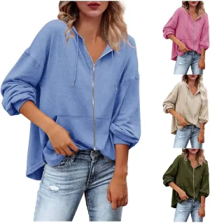 Women's Loose Hoodies Lightweight Drawtring Hooded Full Zip Up Long Sleeve Sweatshirts Fall Pullover Tops with Pockets