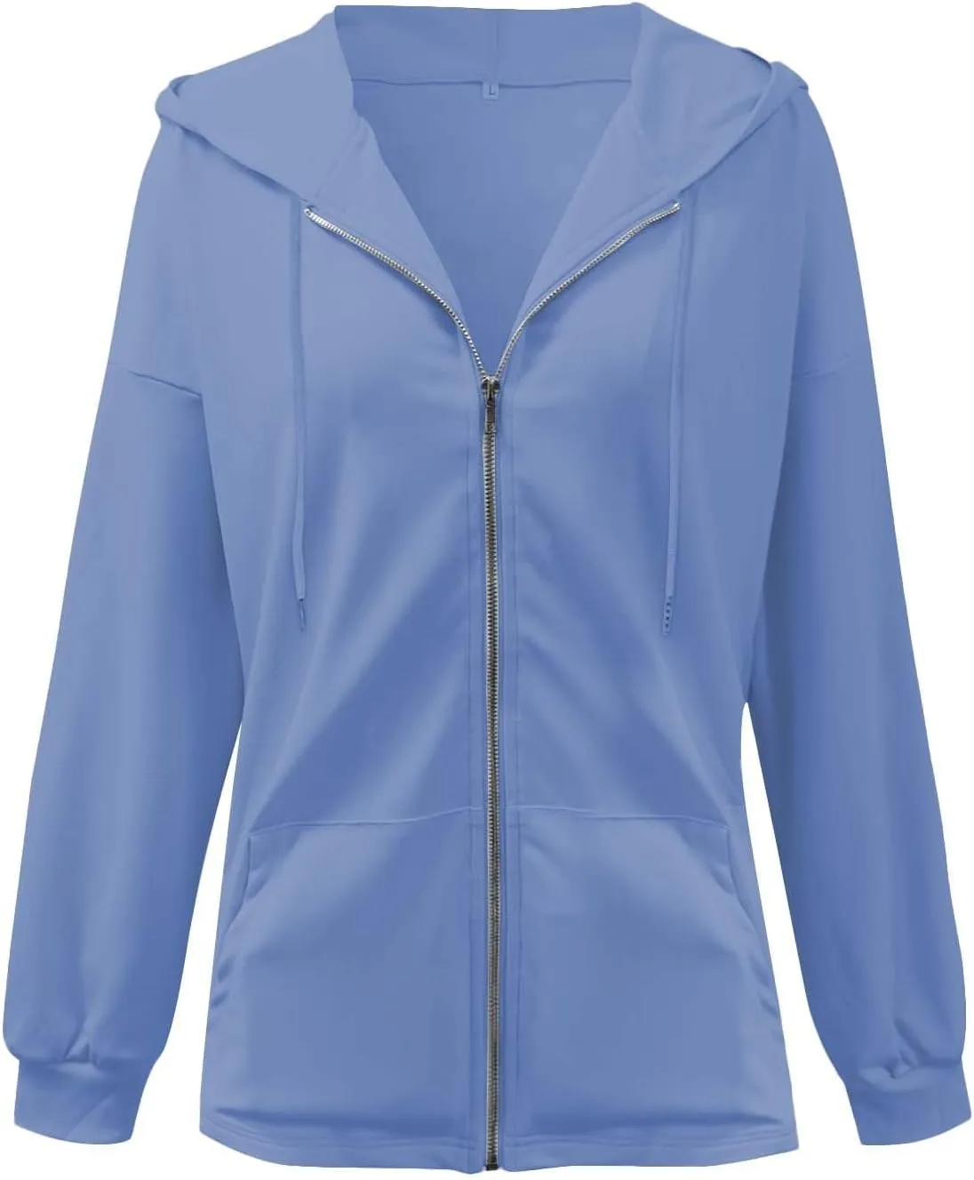 Women's Loose Hoodies Lightweight Drawtring Hooded Full Zip Up Long Sleeve Sweatshirts Fall Pullover Tops with Pockets