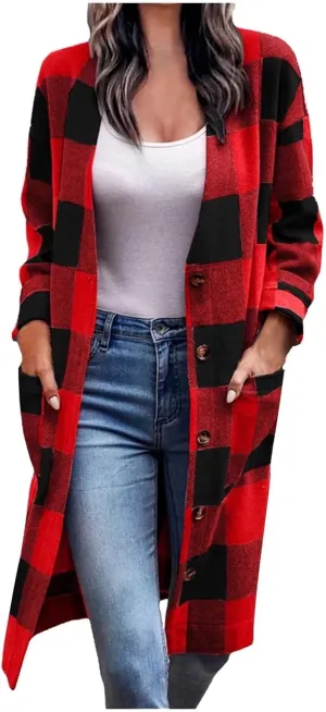 Womens Open Front Cardigan Coat Trendy Plaid Flannel Shacket Jacket Casual Loose Button Down Cardigans