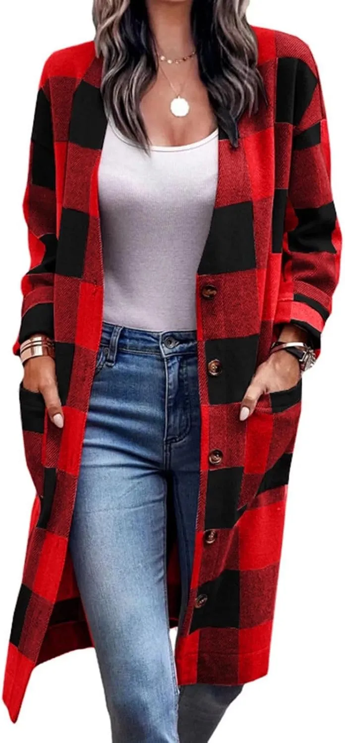 Womens Open Front Cardigan Coat Trendy Plaid Flannel Shacket Jacket Casual Loose Button Down Cardigans