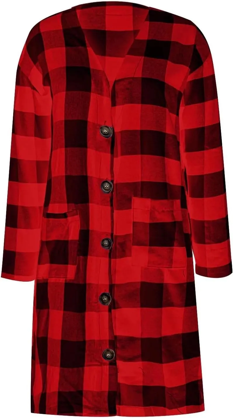 Womens Open Front Cardigan Coat Trendy Plaid Flannel Shacket Jacket Casual Loose Button Down Cardigans