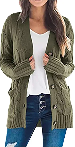 Women's Open Front Cardigan Slouchy Sweaters Fashion Button Down Cable Knit Chunky Oversized Knitwear Outwear Coats