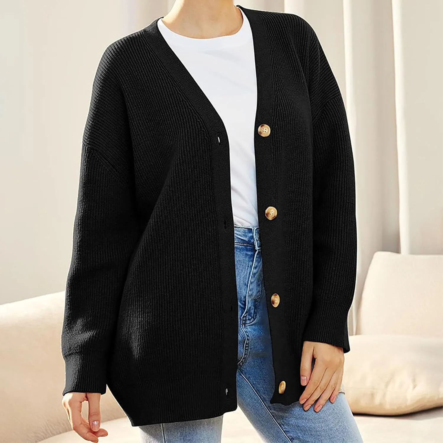 Women's Oversized Cable Knit Sweaters Long Sleeve Button up Chunky Cardigan Casual Fashion Outwear