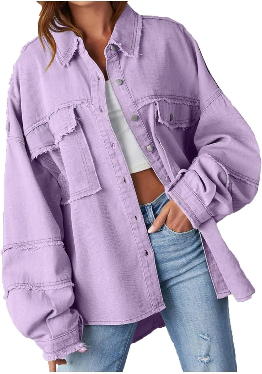 Womens Oversized Denim Shirt Jacket 2024 Casual Button Down Frayed Hem Ripped Jean Jacket Multi Pockets Denim Jacket