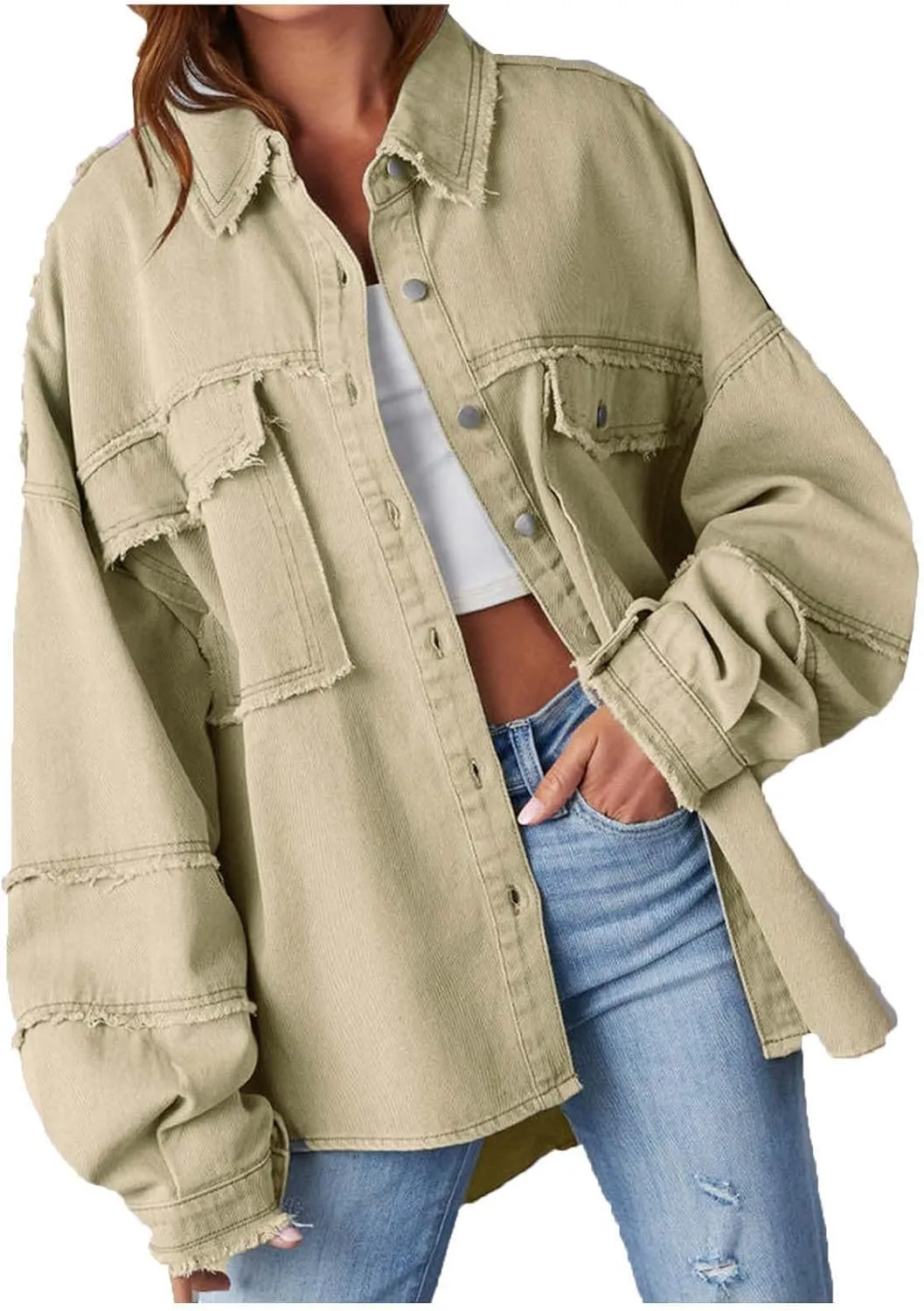 Womens Oversized Denim Shirt Jacket 2024 Casual Button Down Frayed Hem Ripped Jean Jacket Multi Pockets Denim Jacket