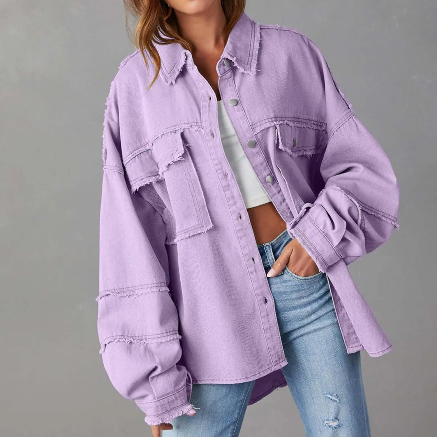 Womens Oversized Denim Shirt Jacket 2024 Casual Button Down Frayed Hem Ripped Jean Jacket Multi Pockets Denim Jacket