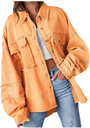 Womens Oversized Denim Shirt Jacket 2024 Casual Button Down Frayed Hem Ripped Jean Jacket Multi Pockets Denim Jacket