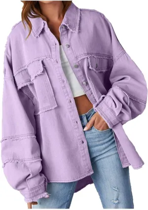 Womens Oversized Denim Shirt Jacket 2024 Casual Button Down Frayed Hem Ripped Jean Jacket Multi Pockets Denim Jacket