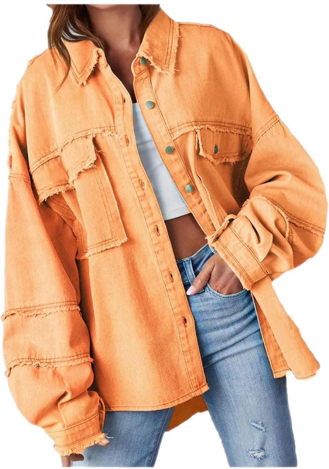 Womens Oversized Denim Shirt Jacket 2024 Casual Button Down Frayed Hem Ripped Jean Jacket Multi Pockets Denim Jacket