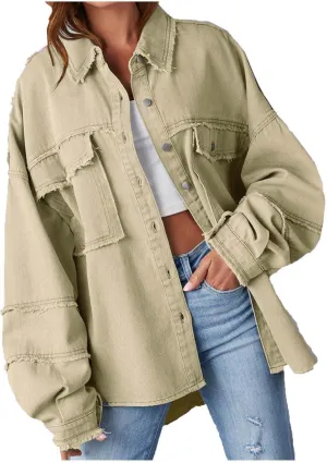 Womens Oversized Denim Shirt Jacket 2024 Casual Button Down Frayed Hem Ripped Jean Jacket Multi Pockets Denim Jacket