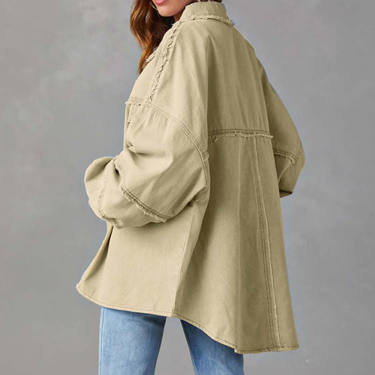 Womens Oversized Denim Shirt Jacket 2024 Casual Button Down Frayed Hem Ripped Jean Jacket Multi Pockets Denim Jacket