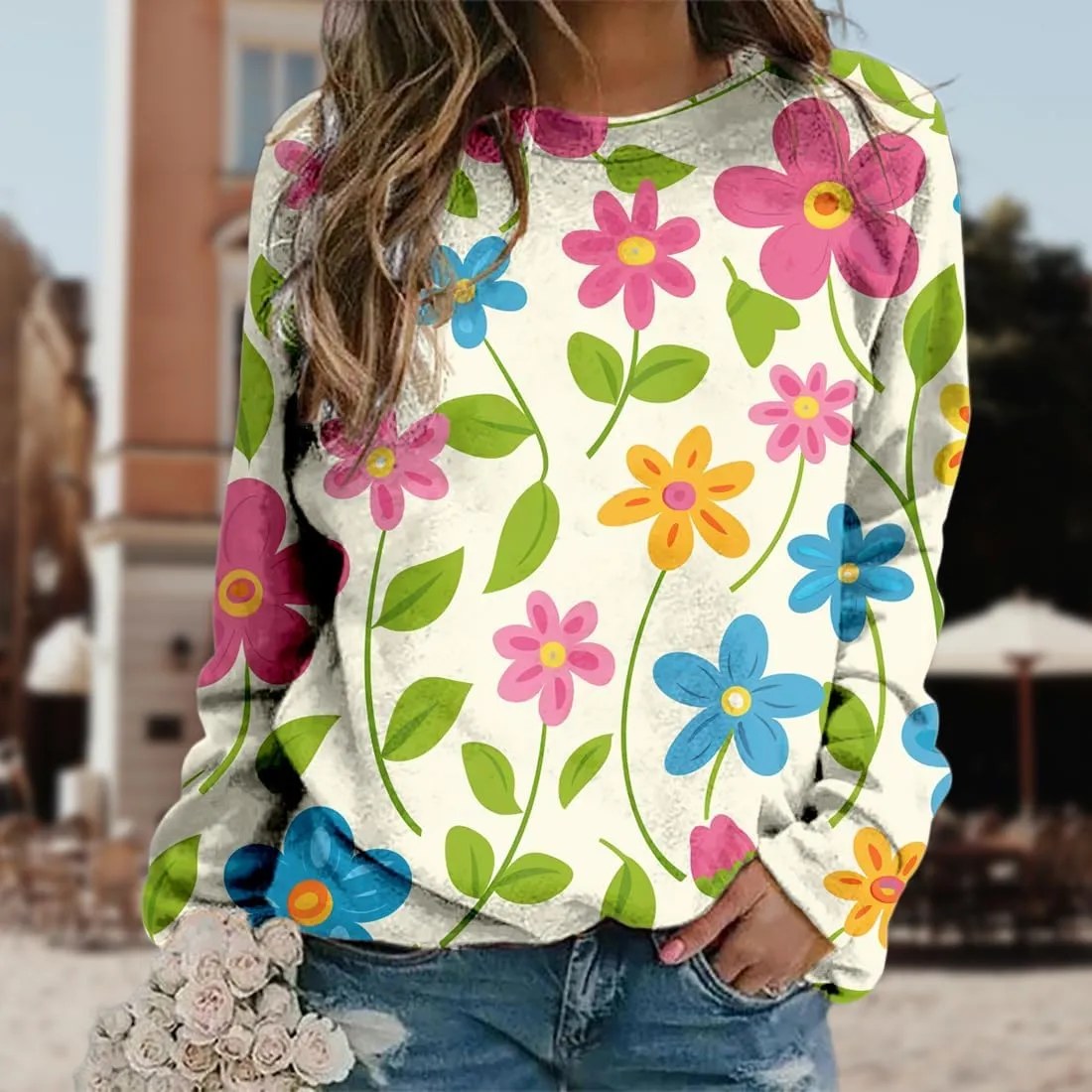 Women's Oversized Graphic Sweatshirts Flower 3D Print Shirts Casual Long Sleeve Crewneck Pullovers Tops Plus Size