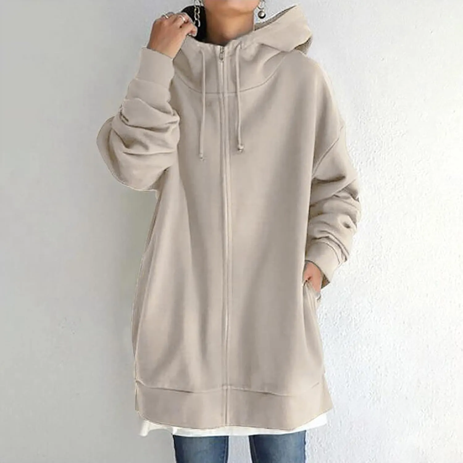 Women's Oversized Long Hoodies Jacket Casual Zip Up Cowl Neck Sweatshirts Pullover Coat Drawstring Tops with Pockets