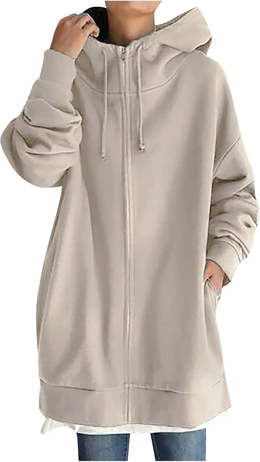Women's Oversized Long Hoodies Jacket Casual Zip Up Cowl Neck Sweatshirts Pullover Coat Drawstring Tops with Pockets