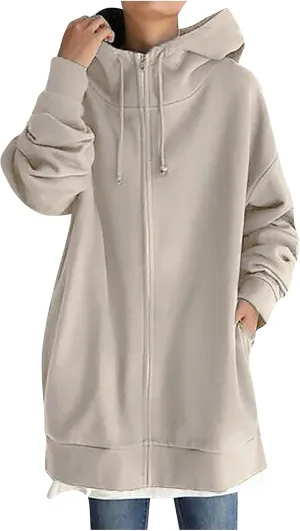 Women's Oversized Long Hoodies Jacket Casual Zip Up Cowl Neck Sweatshirts Pullover Coat Drawstring Tops with Pockets