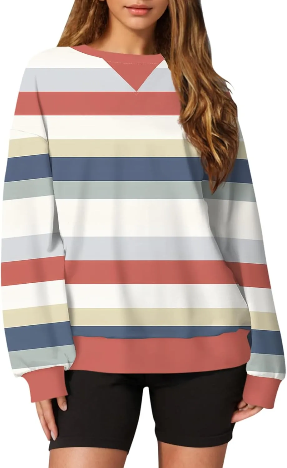 Women's Oversized Pullover Striped Sweatshirt Soft Crew Neck Fall Sweaters for Women Trendy 2024