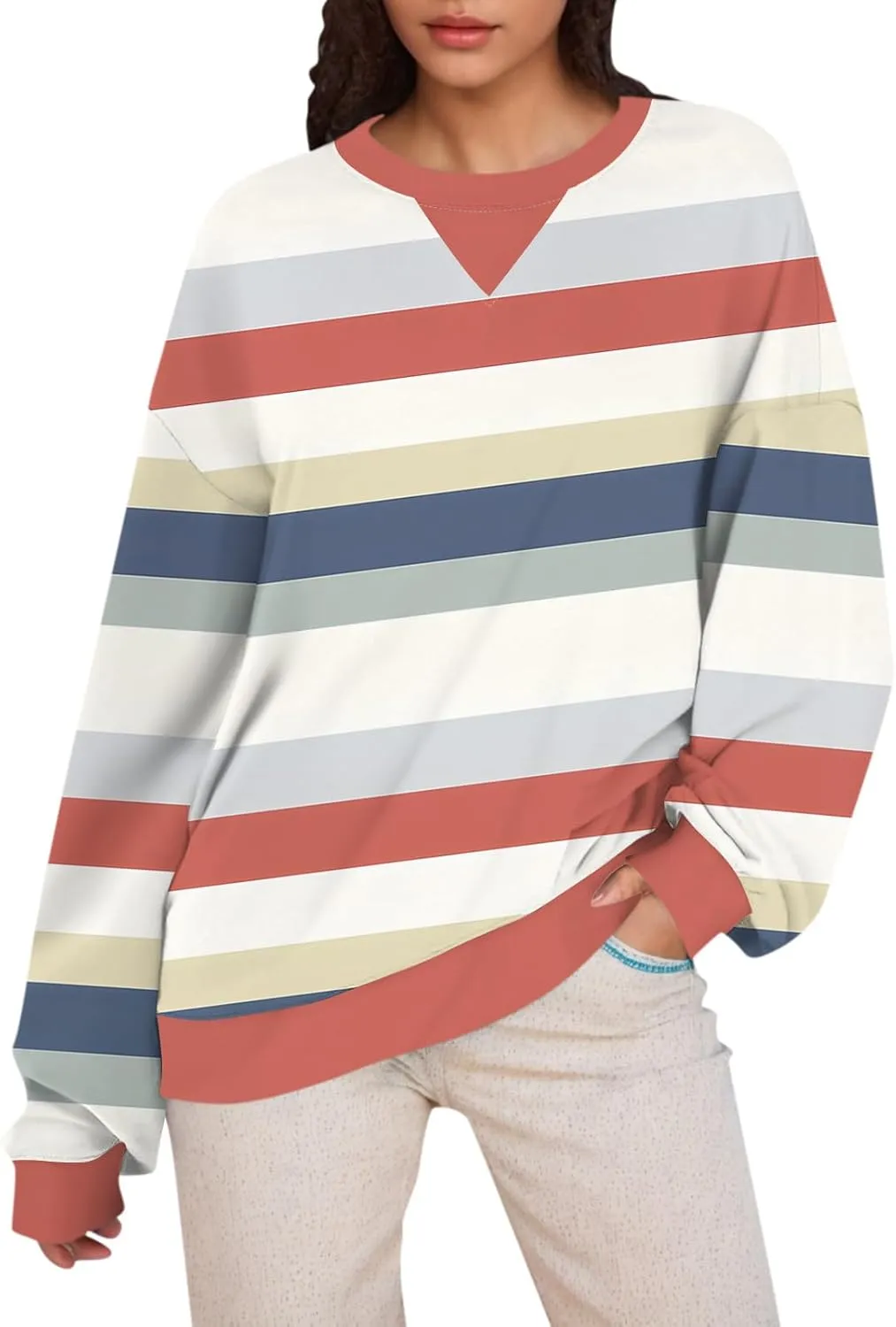 Women's Oversized Pullover Striped Sweatshirt Soft Crew Neck Fall Sweaters for Women Trendy 2024