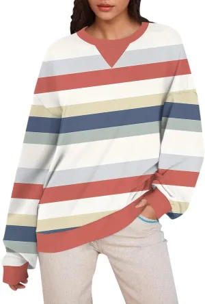 Women's Oversized Pullover Striped Sweatshirt Soft Crew Neck Fall Sweaters for Women Trendy 2024