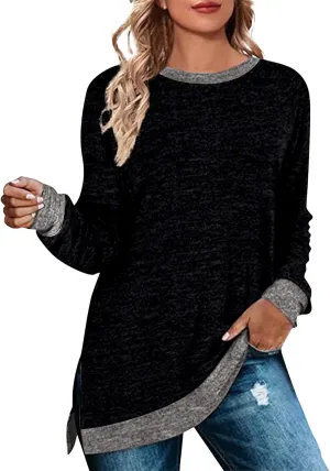 Women's Oversized Shirts Dressy Long Sleeve Crewneck Side Split Loose Casual Pullover Tops Fall Lightweight Tunics