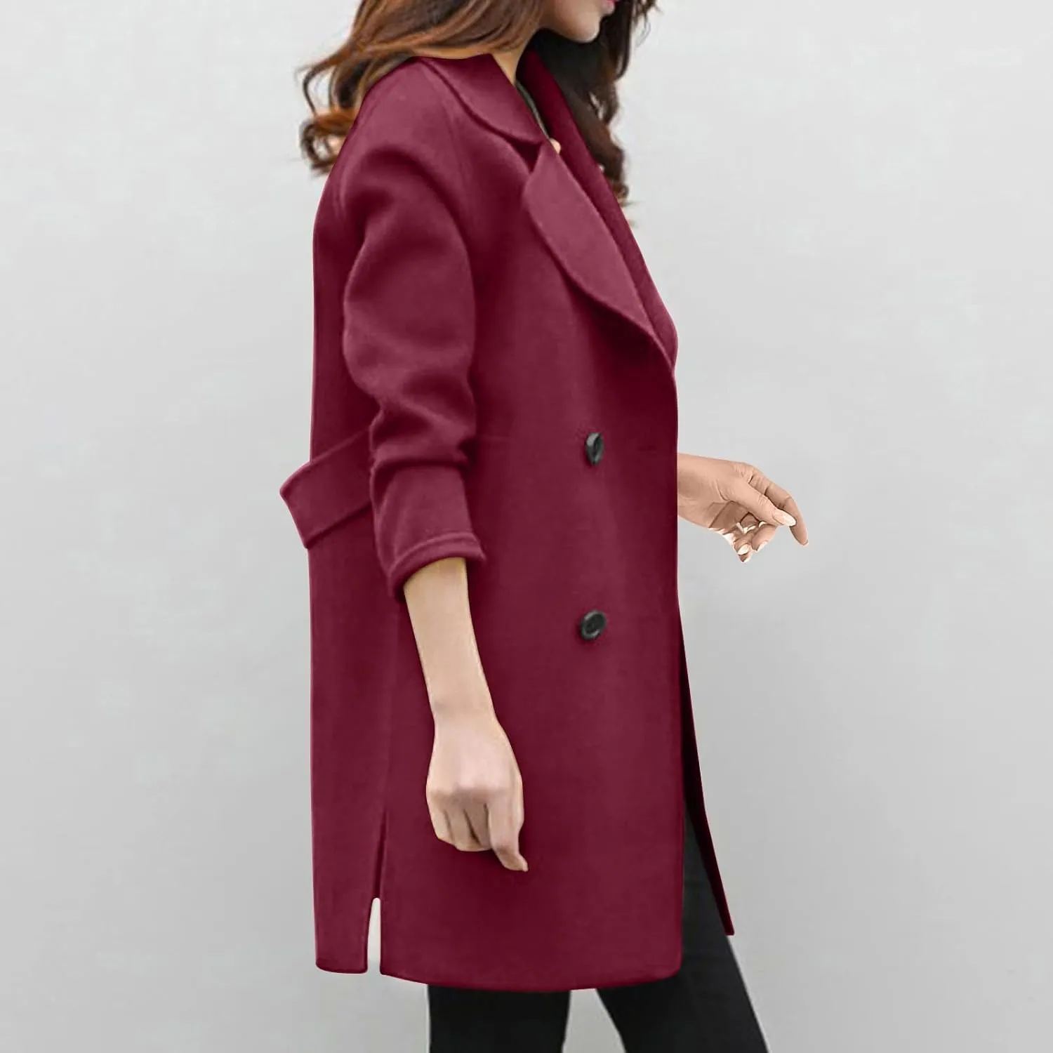 Women's Pea Coat Double Breasted Notched Lapel Wool Coats Casual Open Front Trench Coat Long Outerwear with Belt