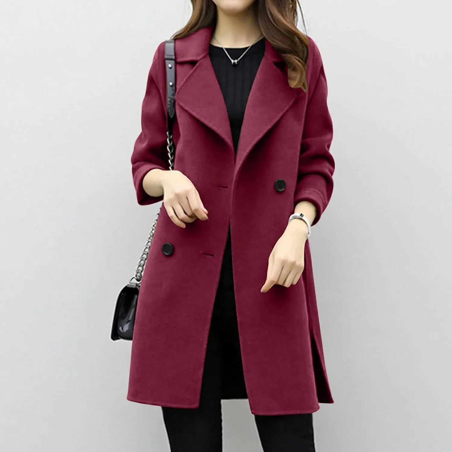 Women's Pea Coat Double Breasted Notched Lapel Wool Coats Casual Open Front Trench Coat Long Outerwear with Belt